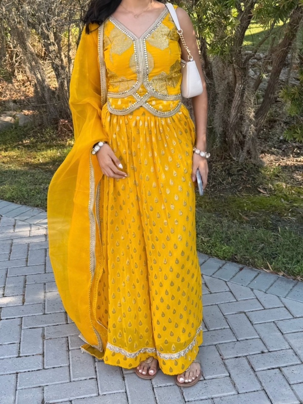 Yellow Embellished Women's Palazzo Maxi Pants - Elegant Festive Palazzo Set